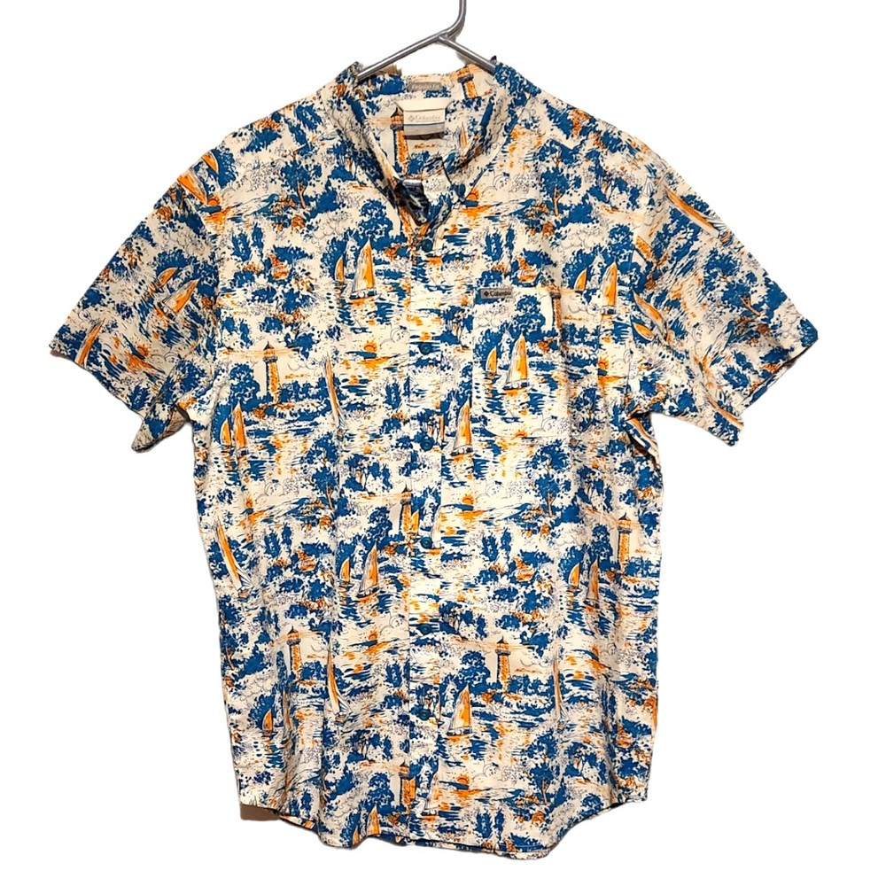 Columbia Shirt Short Sleeves Blue Orange Lighthouses Boats Reg. Fit Mens Medium